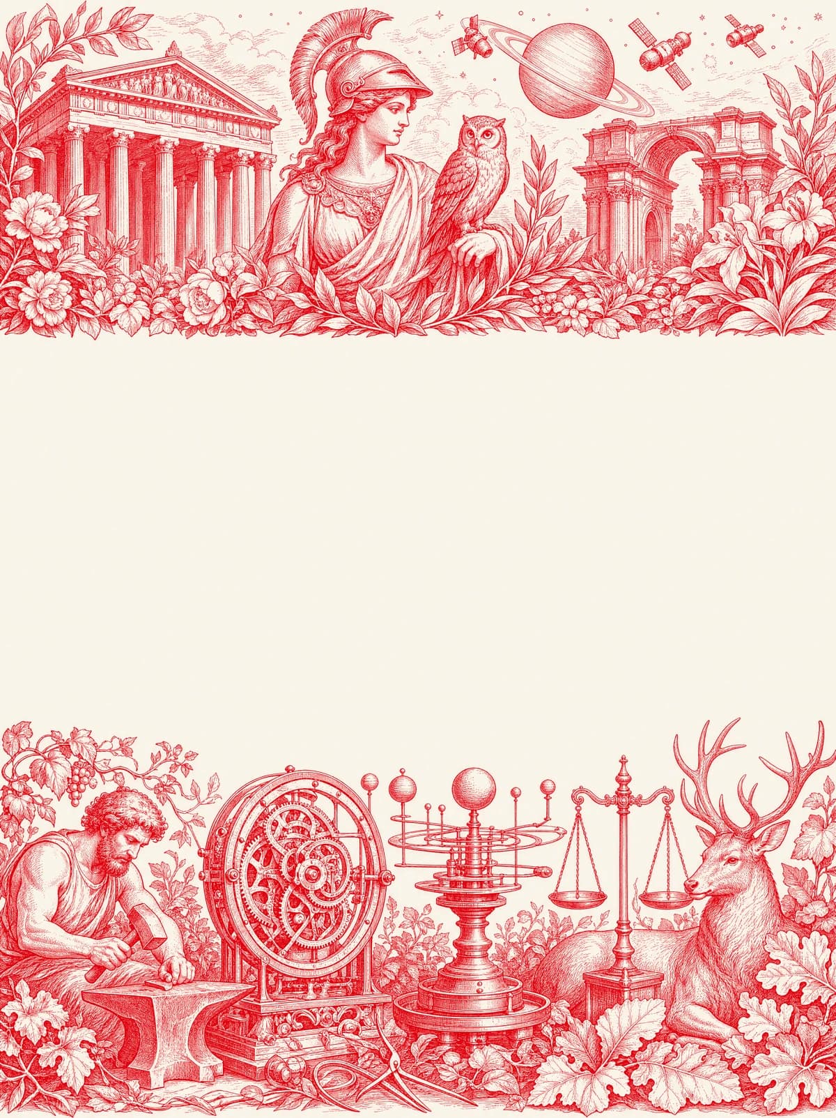 An ornate red on cream engraving: a classical goddess of wisdom with a temple and an owl above, and a craftsman at an anvil with an orrery and balanced scales below, framing the page title