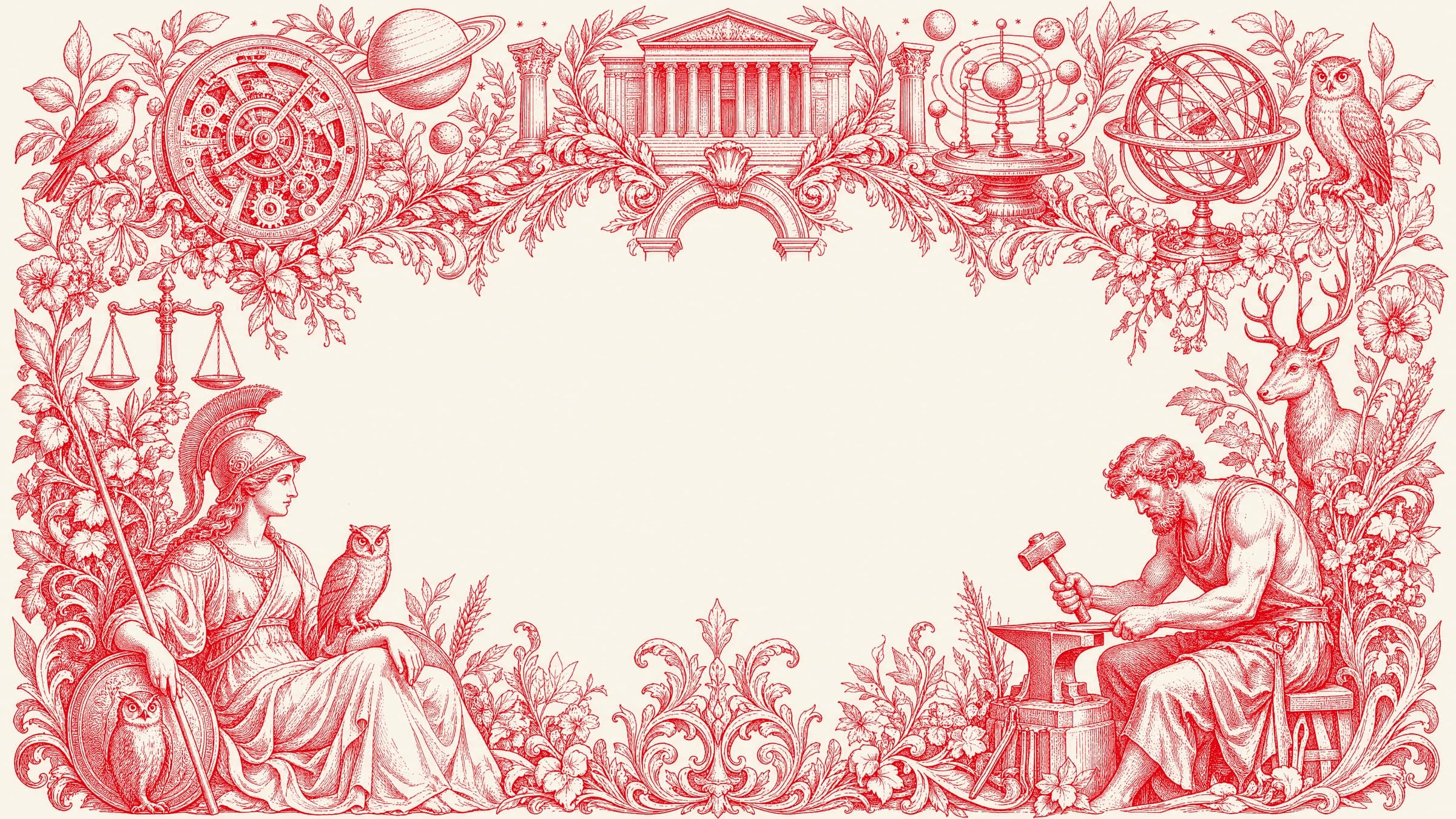 An ornate red on cream engraving framing the page title: a classical goddess of wisdom with a temple and owl on the left, and a craftsman at an anvil with an orrery, balanced scales and orbiting satellites on the right